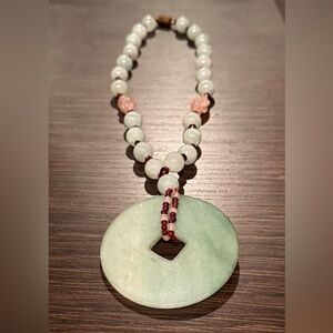 Beautiful Semiprecious Hand Beaded  Jade Jadeite Rose Quartz Garnet Necklace